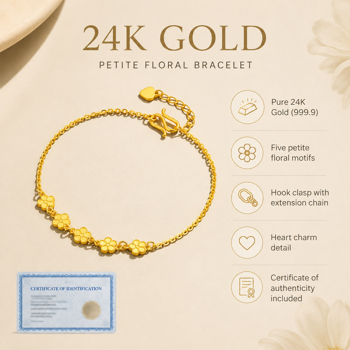 Pure 24K Gold Five-Flower Bracelet, Dainty Floral Chain, Adjustable Hook Clasp (999.9 Fine Gold)