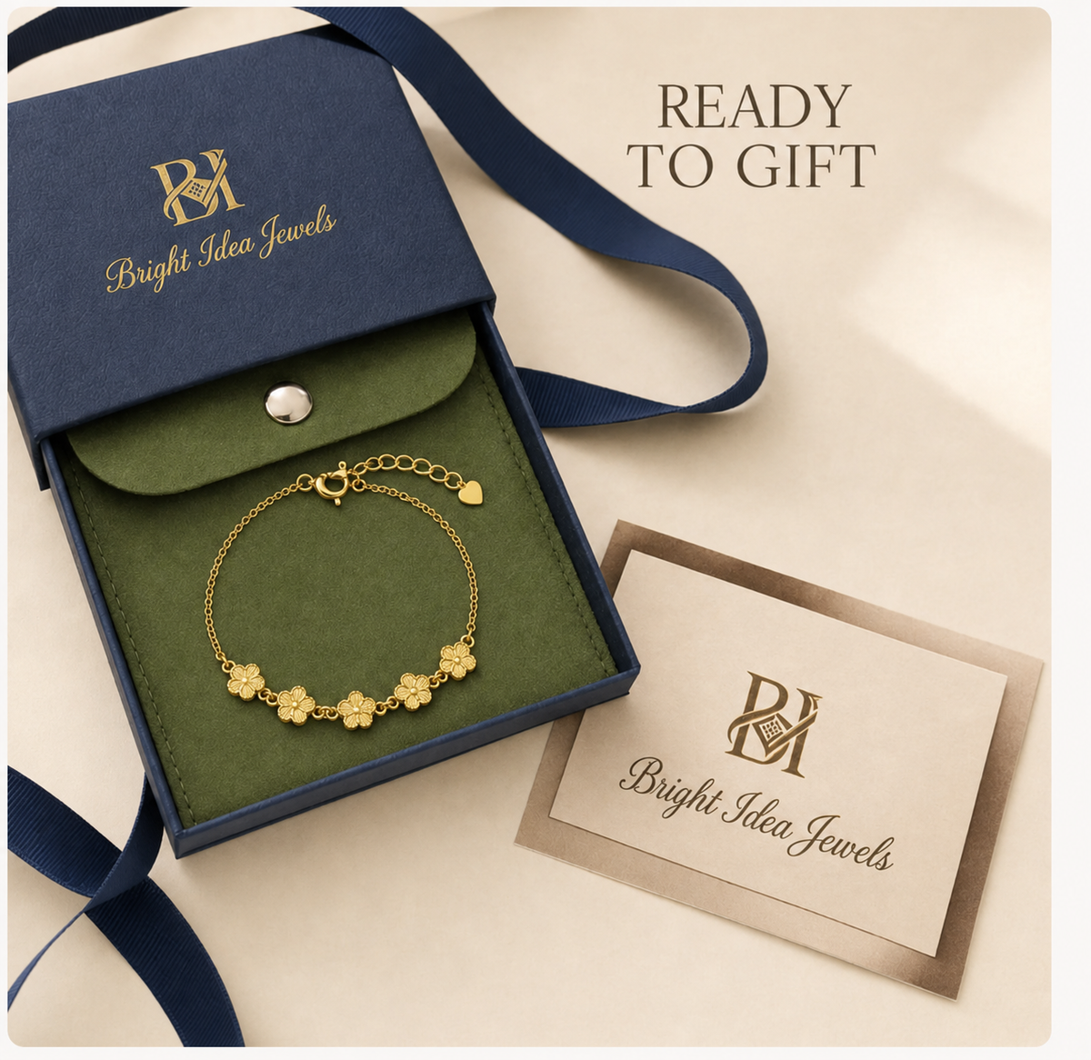 Pure 24K Gold Five-Flower Bracelet, Dainty Floral Chain, Adjustable Hook Clasp (999.9 Fine Gold)