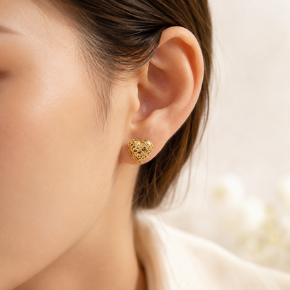 18K Solid Gold Openwork Heart Stud Earrings