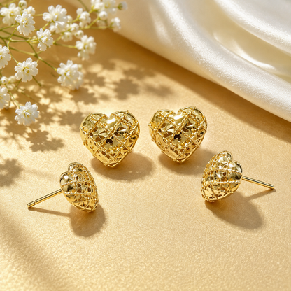 18K Solid Gold Openwork Heart Stud Earrings