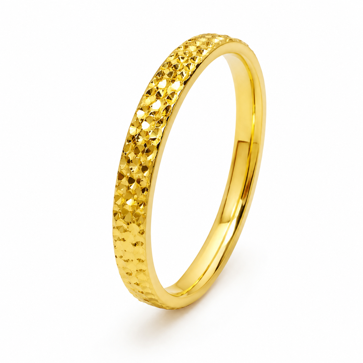 18K Solid Gold Faceted Band Ring, Minimalist Sparkling Wedding Band (AU750)