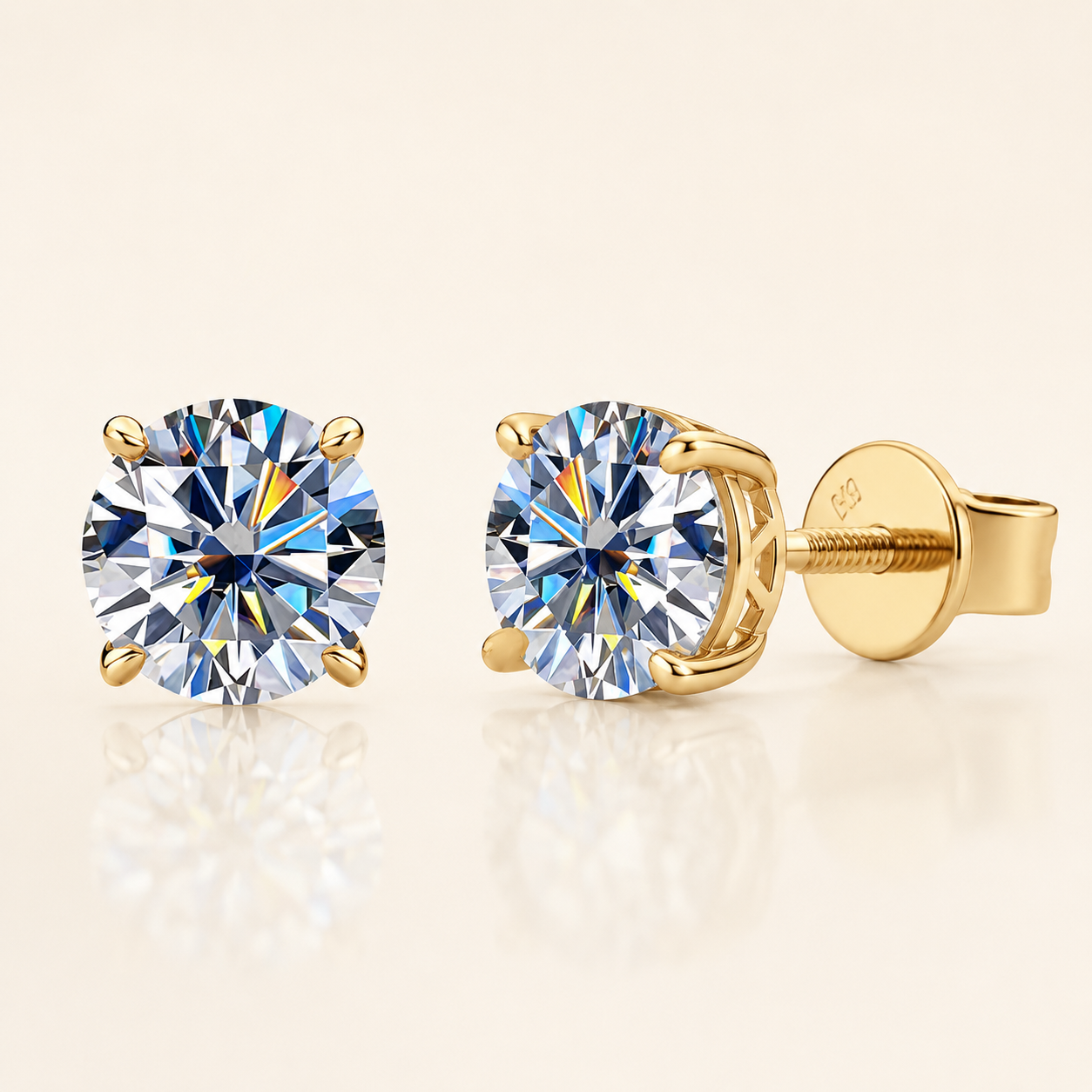 Solid Gold Moissanite Stud Earrings, 6mm Round Brilliant Cut, 10K or 14K Yellow Gold, Screw Back, Diamond Alternative