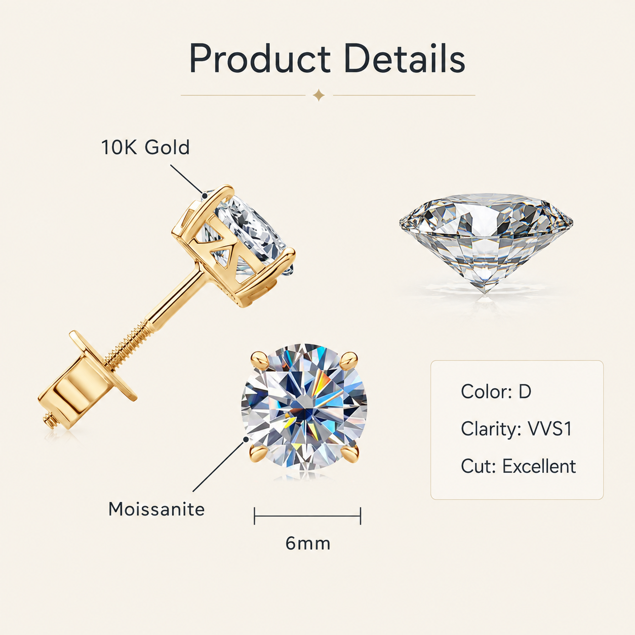 Solid Gold Moissanite Stud Earrings, 6mm Round Brilliant Cut, 10K or 14K Yellow Gold, Screw Back, Diamond Alternative