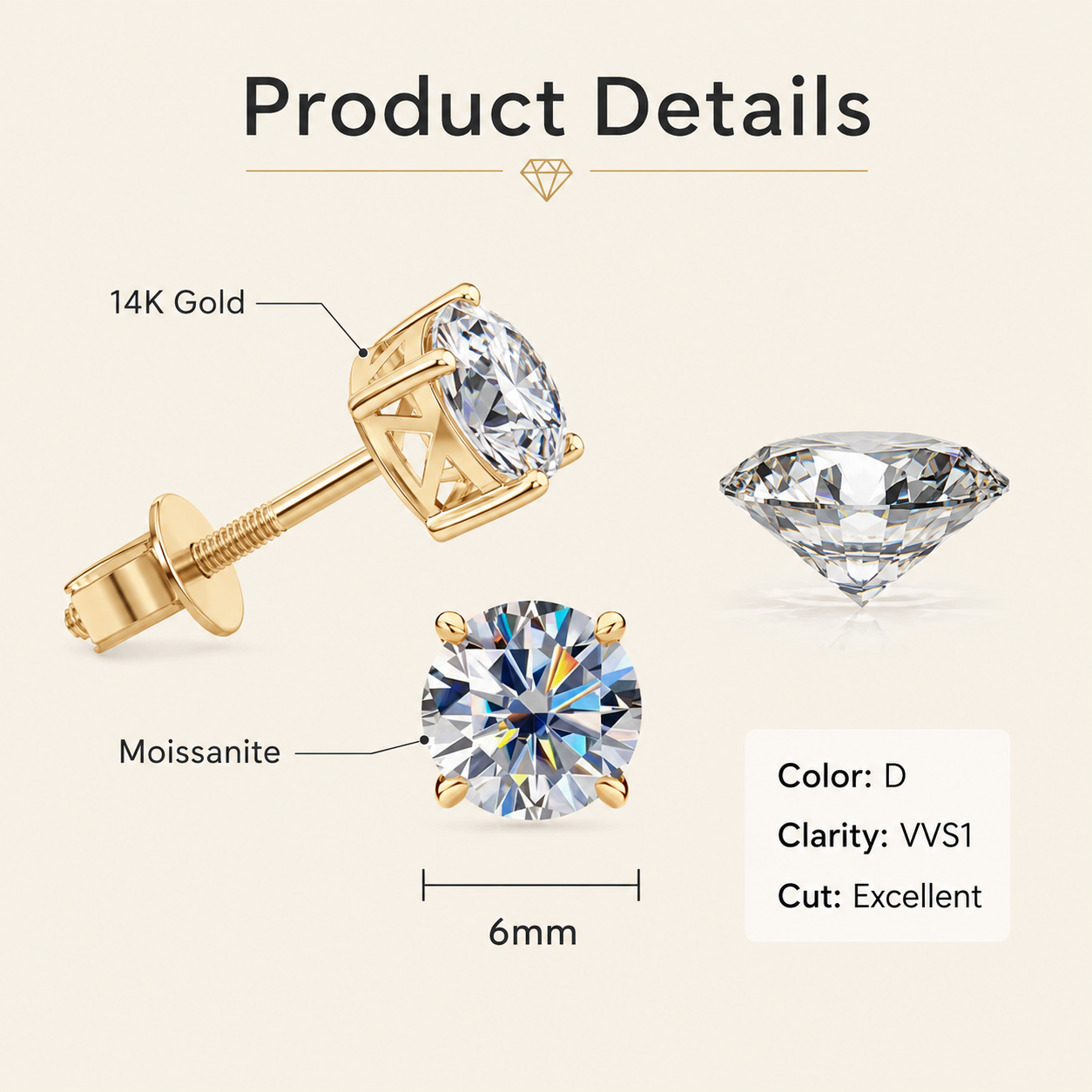 Solid Gold Moissanite Stud Earrings, 6mm Round Brilliant Cut, 10K or 14K Yellow Gold, Screw Back, Diamond Alternative