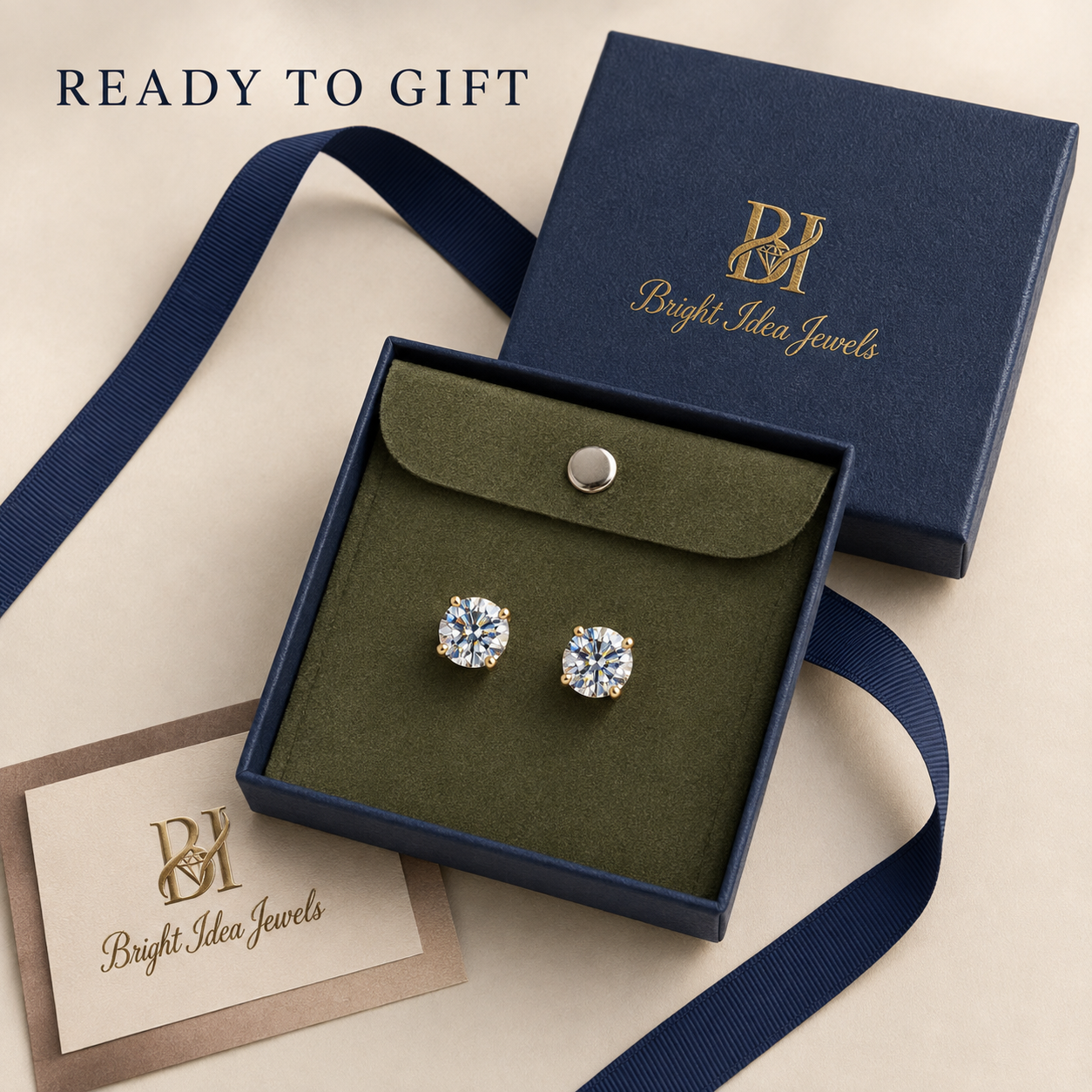 Solid Gold Moissanite Stud Earrings, 6mm Round Brilliant Cut, 10K or 14K Yellow Gold, Screw Back, Diamond Alternative
