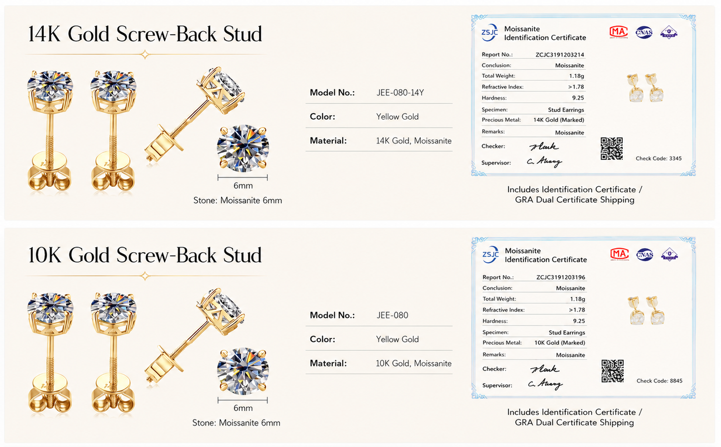Solid Gold Moissanite Stud Earrings, 6mm Round Brilliant Cut, 10K or 14K Yellow Gold, Screw Back, Diamond Alternative