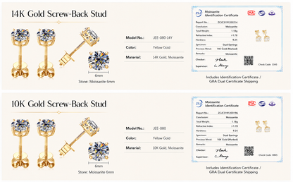 Solid Gold Moissanite Stud Earrings, 6mm Round Brilliant Cut, 10K or 14K Yellow Gold, Screw Back, Diamond Alternative
