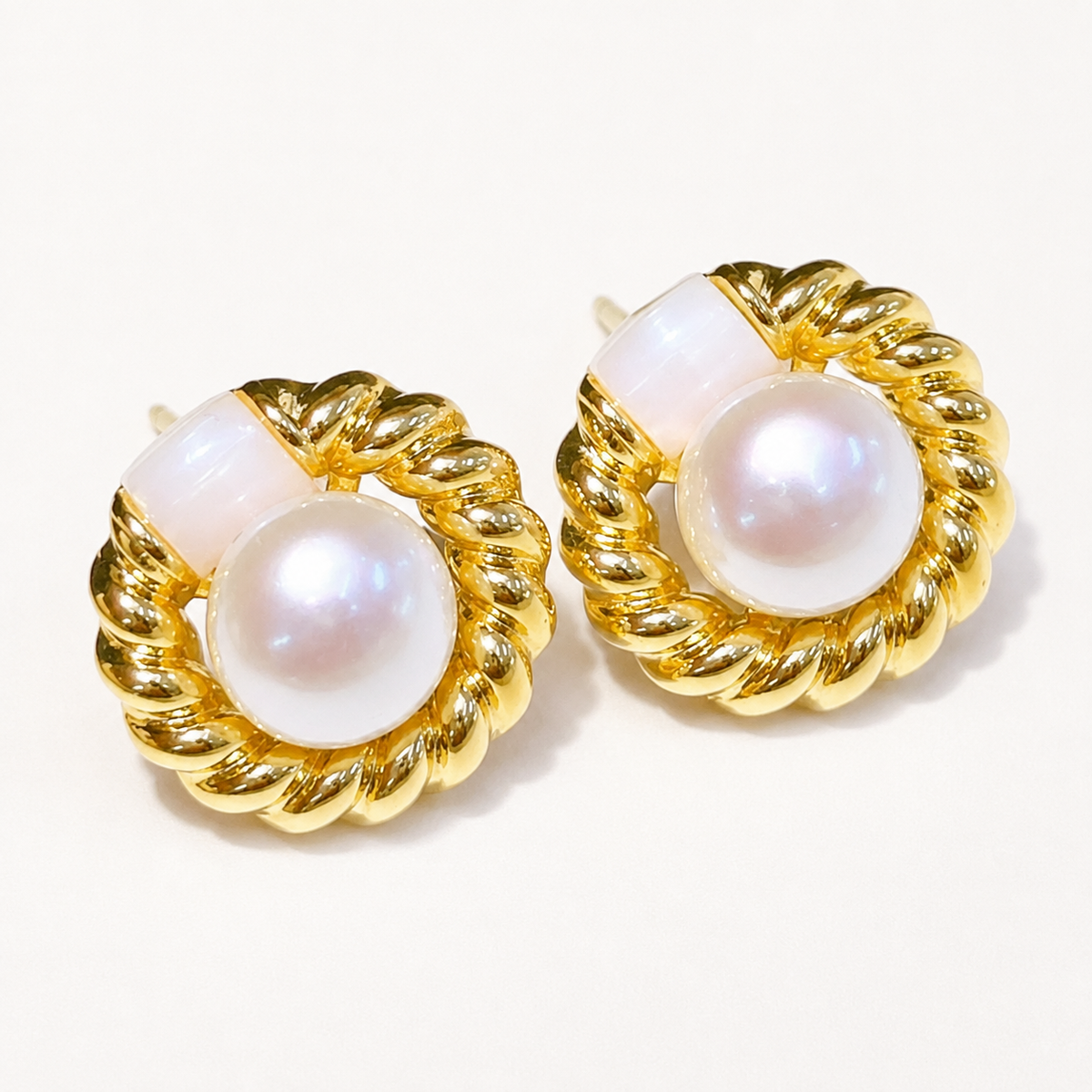 Vintage-Inspired Pearl Stud Earrings, 14K Gold Post, Twisted Rope Frame