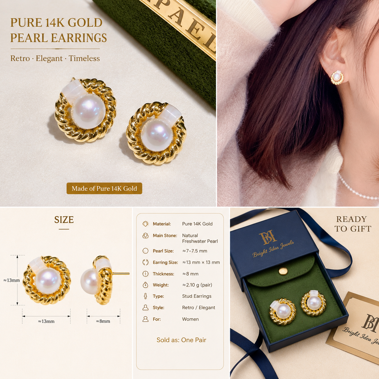 Vintage-Inspired Pearl Stud Earrings, 14K Gold Post, Twisted Rope Frame