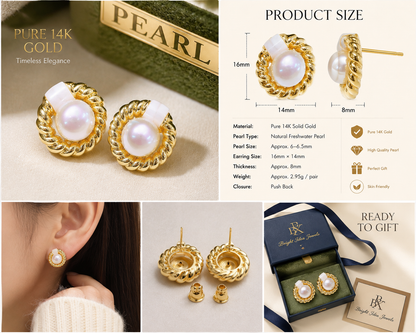 Vintage-Inspired Pearl Stud Earrings, 14K Gold Post, Twisted Rope Frame