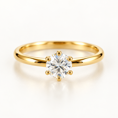 18K Solid Gold Moissanite Solitaire Ring, Six-Prong Engagement Ring (AU750)