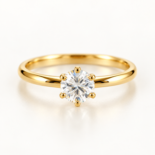 18K Solid Gold Moissanite Solitaire Ring, Six-Prong Engagement Ring (AU750)