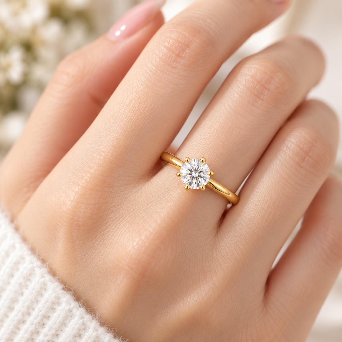18K Solid Gold Moissanite Solitaire Ring, Six-Prong Engagement Ring (AU750)