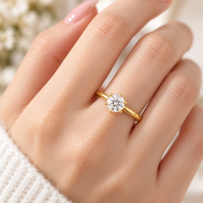 18K Solid Gold Moissanite Solitaire Ring, Six-Prong Engagement Ring (AU750)