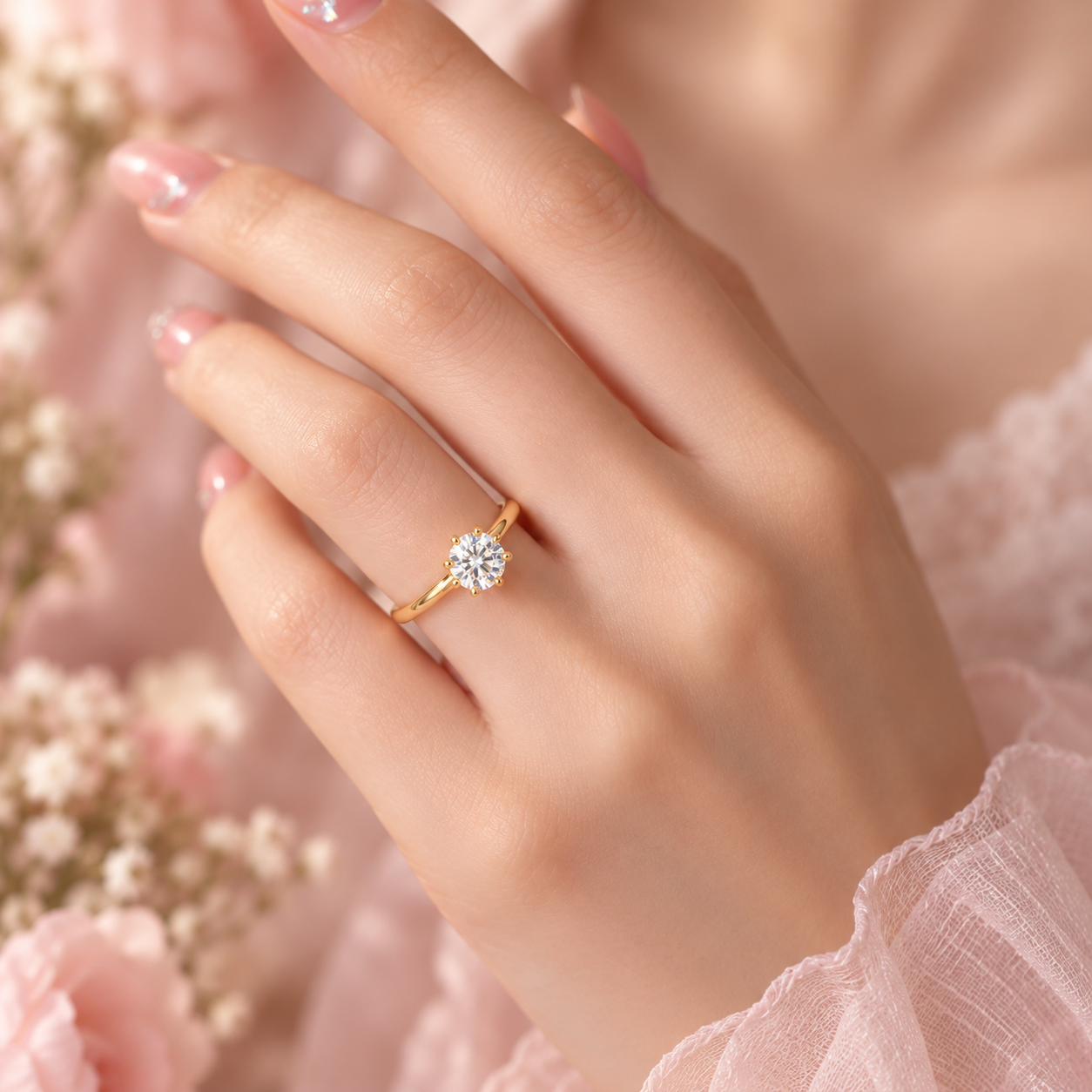 18K Solid Gold Moissanite Solitaire Ring, Six-Prong Engagement Ring (AU750)
