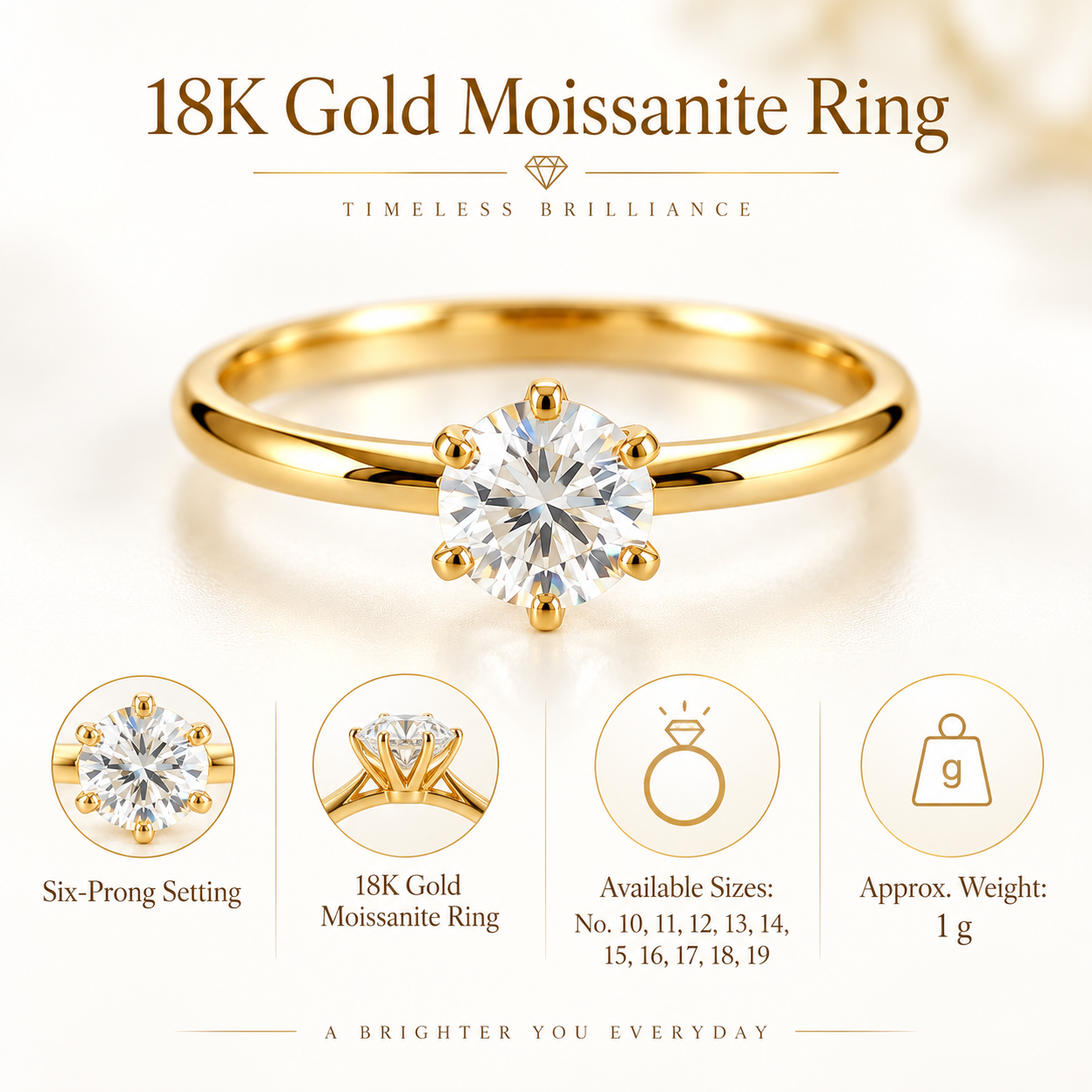 18K Solid Gold Moissanite Solitaire Ring, Six-Prong Engagement Ring (AU750)