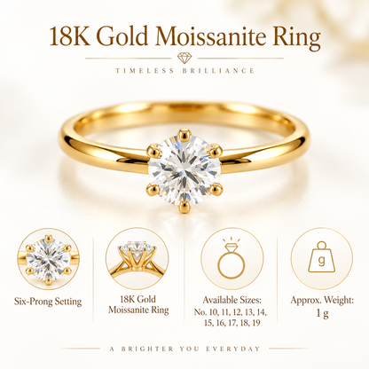 18K Solid Gold Moissanite Solitaire Ring, Six-Prong Engagement Ring (AU750)