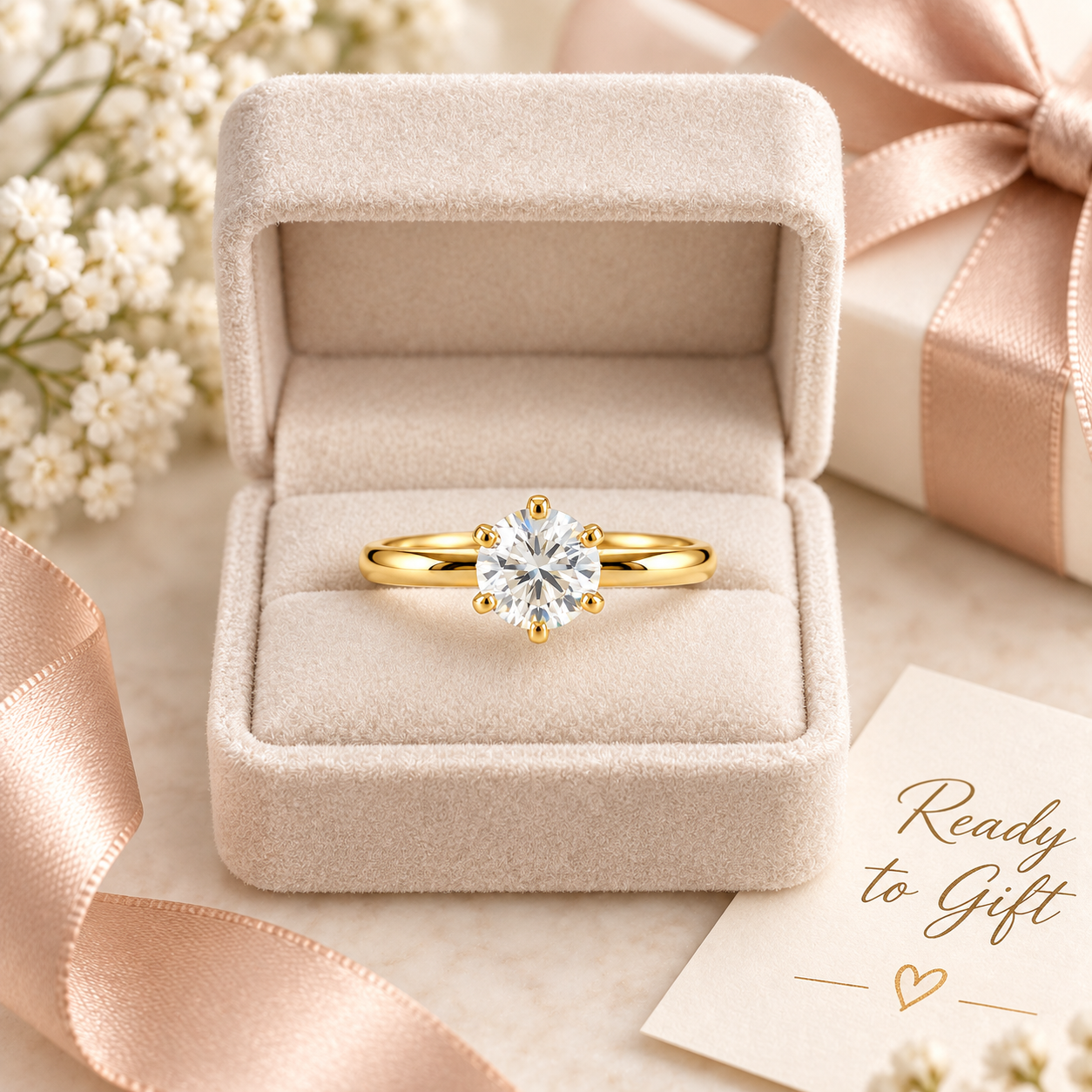 18K Solid Gold Moissanite Solitaire Ring, Six-Prong Engagement Ring (AU750)