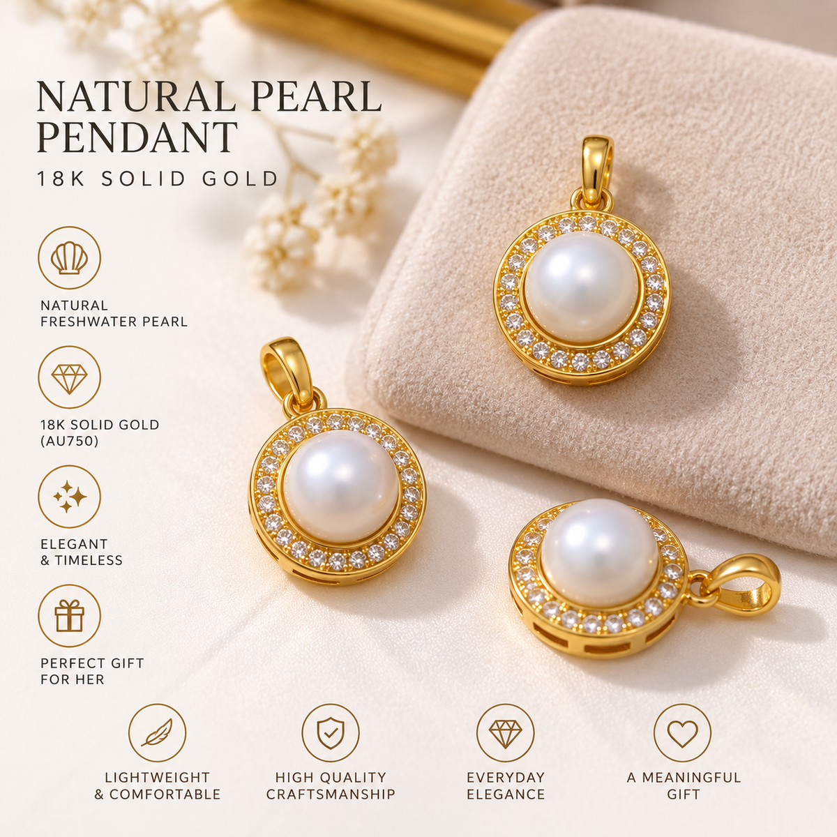 18K Solid Gold Pearl Pendant, Natural Freshwater Pearl, Halo Charm (AU750)
