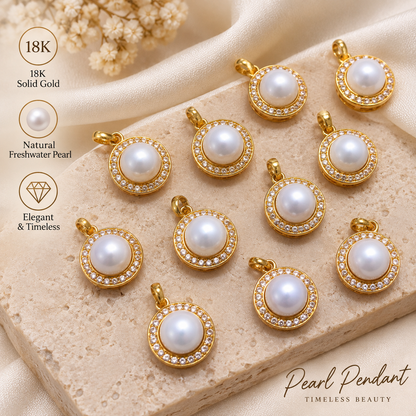 18K Solid Gold Pearl Pendant, Natural Freshwater Pearl, Halo Charm (AU750)