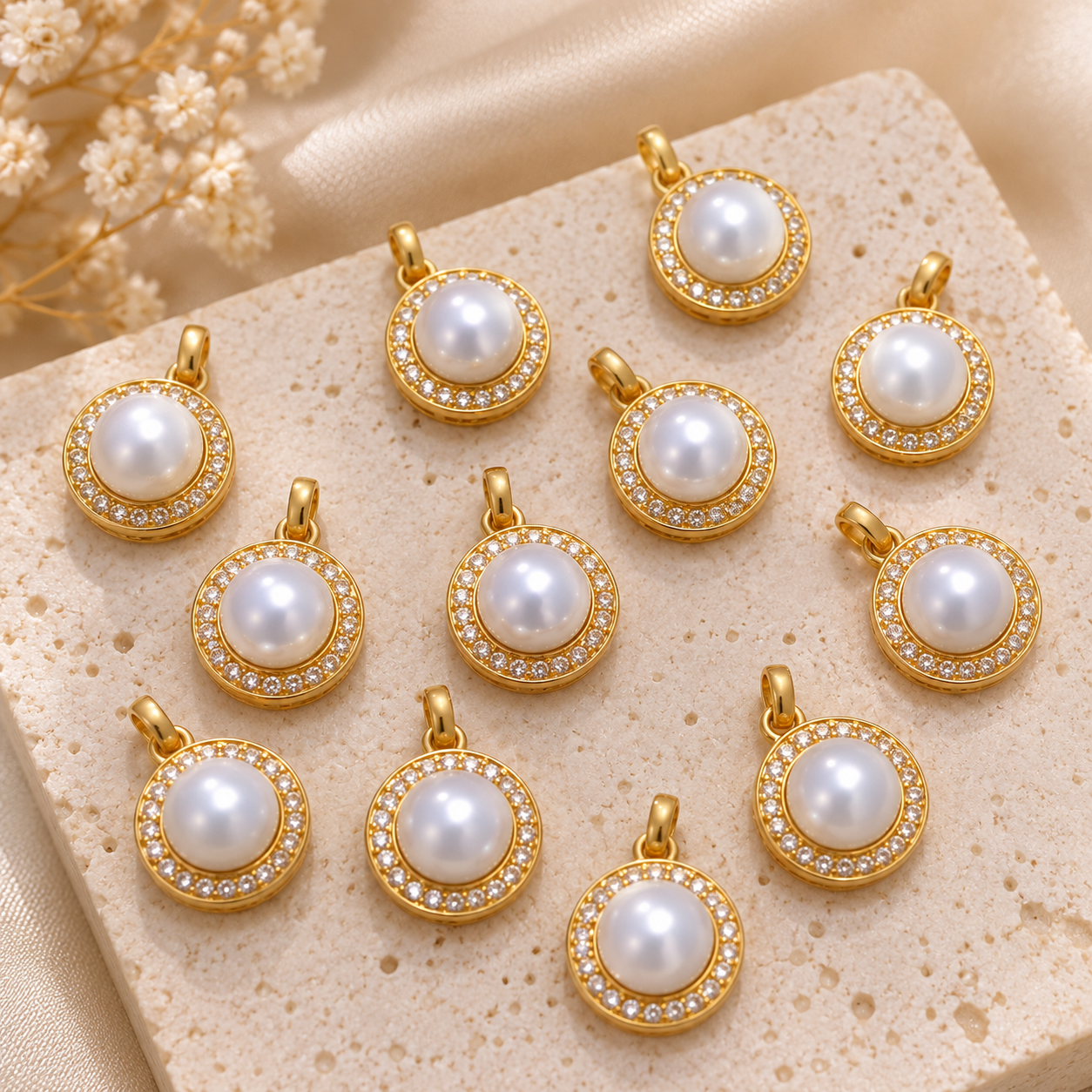 18K Solid Gold Pearl Pendant, Natural Freshwater Pearl, Halo Charm (AU750)