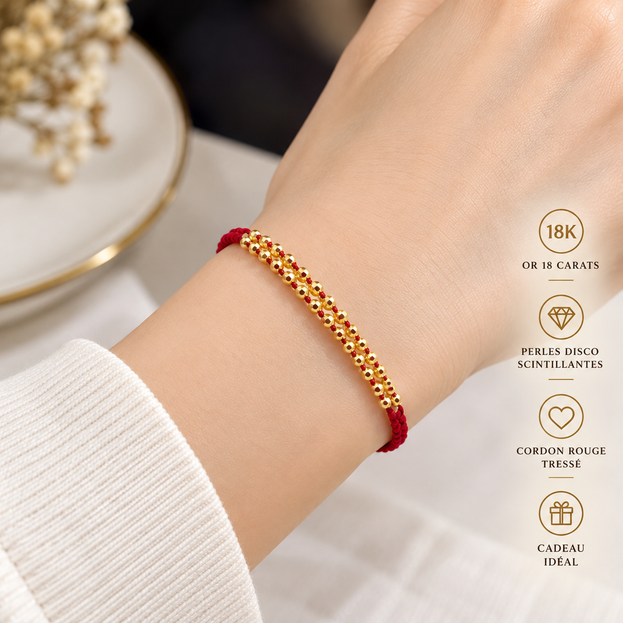 18K Solid Gold Faceted Bead Bracelet, Red Cord, Adjustable (49 or 97 Beads)