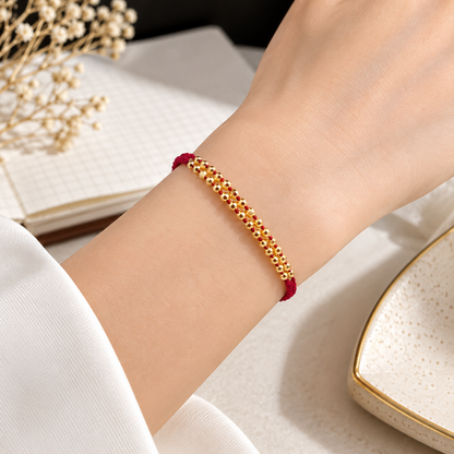18K Solid Gold Faceted Bead Bracelet, Red Cord, Adjustable (49 or 97 Beads)