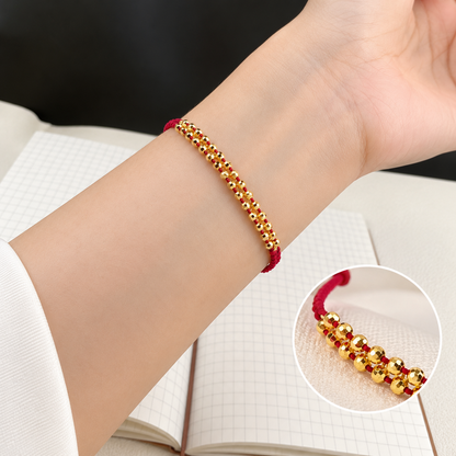 18K Solid Gold Faceted Bead Bracelet, Red Cord, Adjustable (49 or 97 Beads)