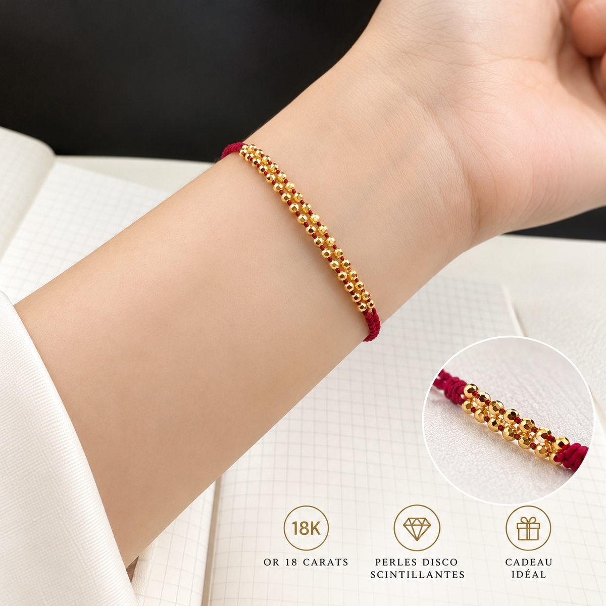 18K Solid Gold Faceted Bead Bracelet, Red Cord, Adjustable (49 or 97 Beads)