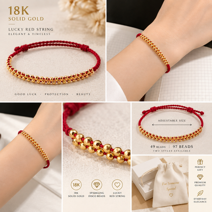 18K Solid Gold Faceted Bead Bracelet, Red Cord, Adjustable (49 or 97 Beads)
