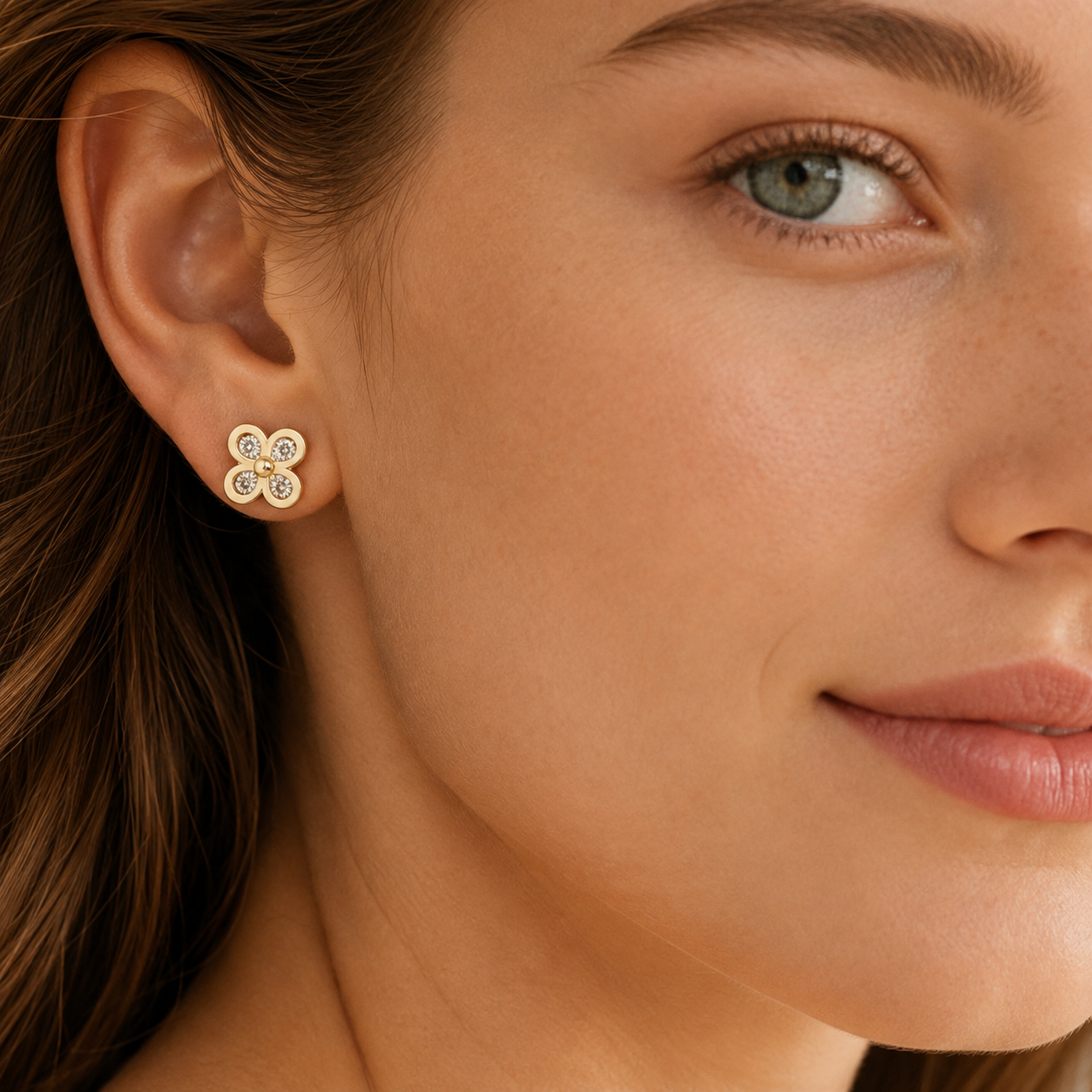 Solid Gold Four Leaf Clover Moissanite Stud Earrings, 10K Yellow Gold, Lucky Clover Earrings, Diamond Alternative, Minimalist Gift