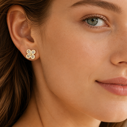 Solid Gold Four Leaf Clover Moissanite Stud Earrings, 10K Yellow Gold, Lucky Clover Earrings, Diamond Alternative, Minimalist Gift