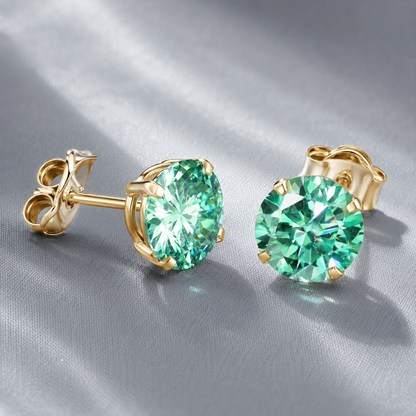 14K Solid Gold Round Moissanite Studs – White or Green