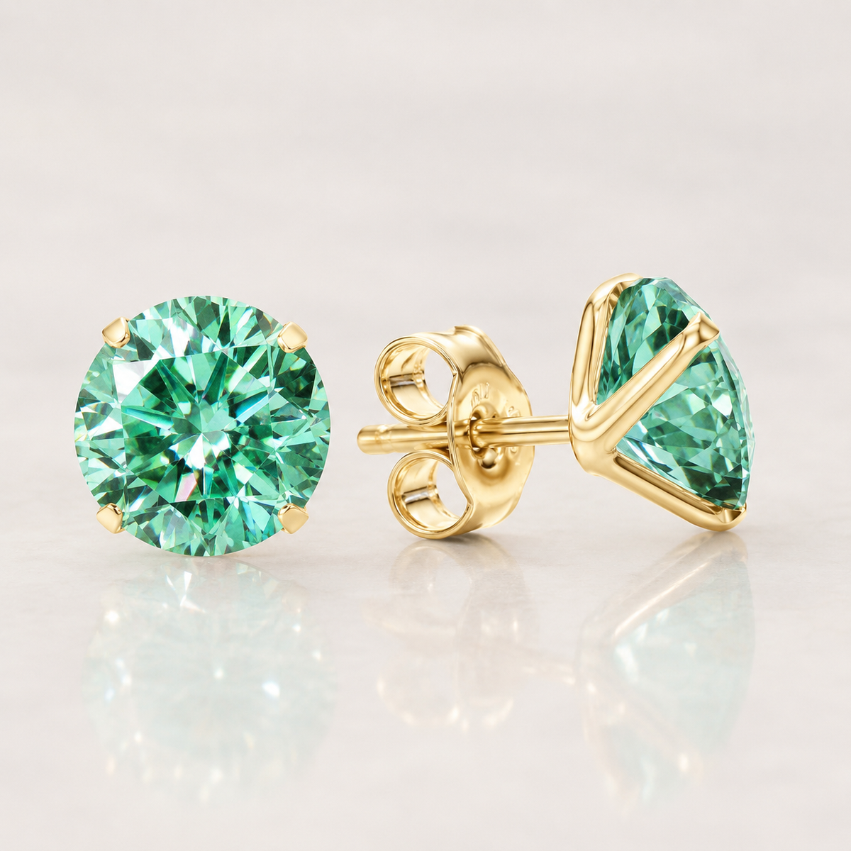14K Solid Gold Round Moissanite Studs – White or Green