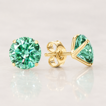 14K Solid Gold Round Moissanite Studs – White or Green