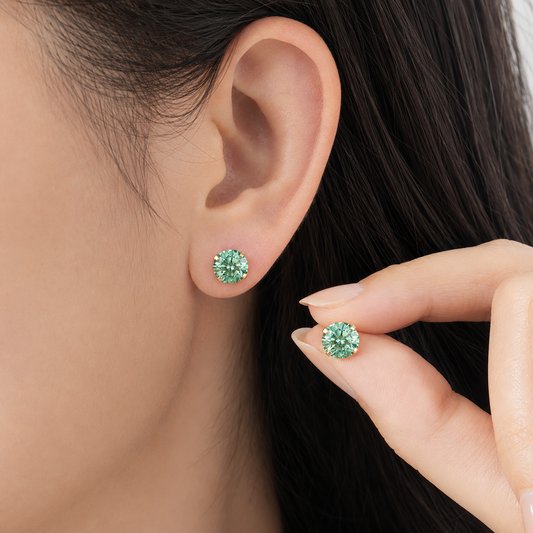 Solid 14K Gold Moissanite Stud Earrings, Round Cut Diamond Alternative, White or Green