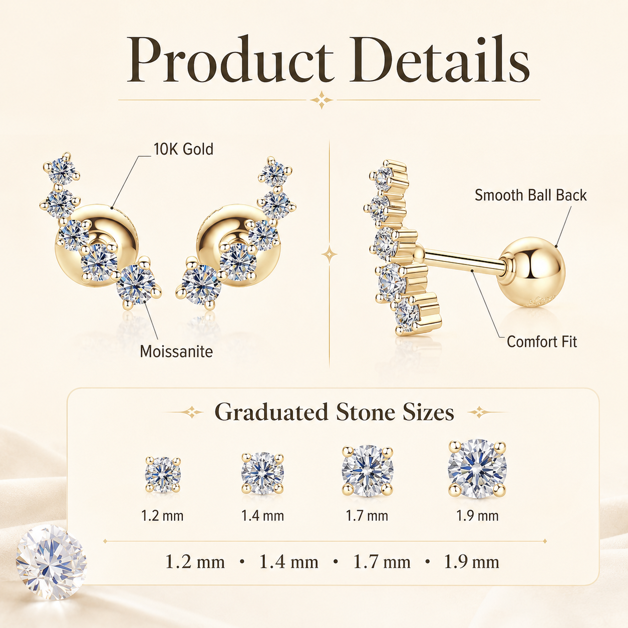 Solid 10K Gold Moissanite Ear Climber Earrings – Graduated Diamond Alternative
