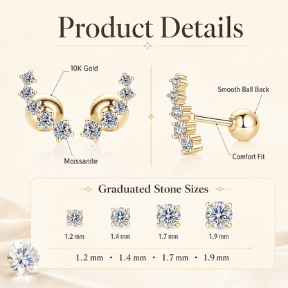 Solid 10K Gold Moissanite Ear Climber Earrings – Graduated Diamond Alternative