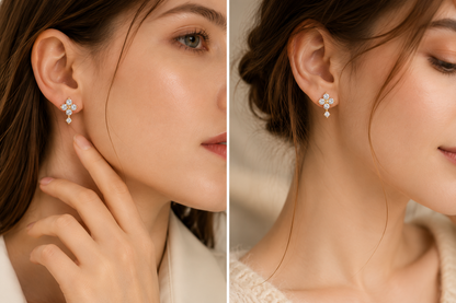 Solid Gold Moissanite Stud Earrings, 10K Gold, Round Stud or Clover Drop Style, Diamond Alternative