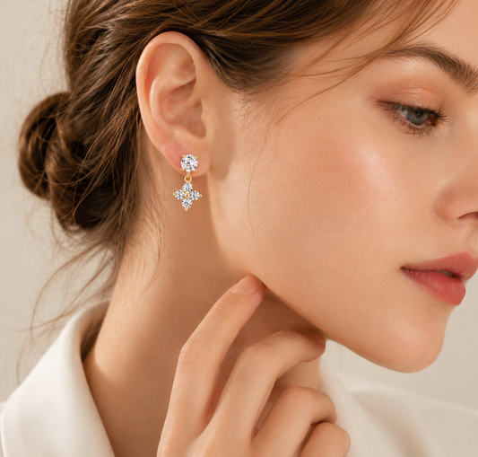 Solid Gold Moissanite Stud Earrings, 10K Gold, Round Stud or Clover Drop Style, Diamond Alternative