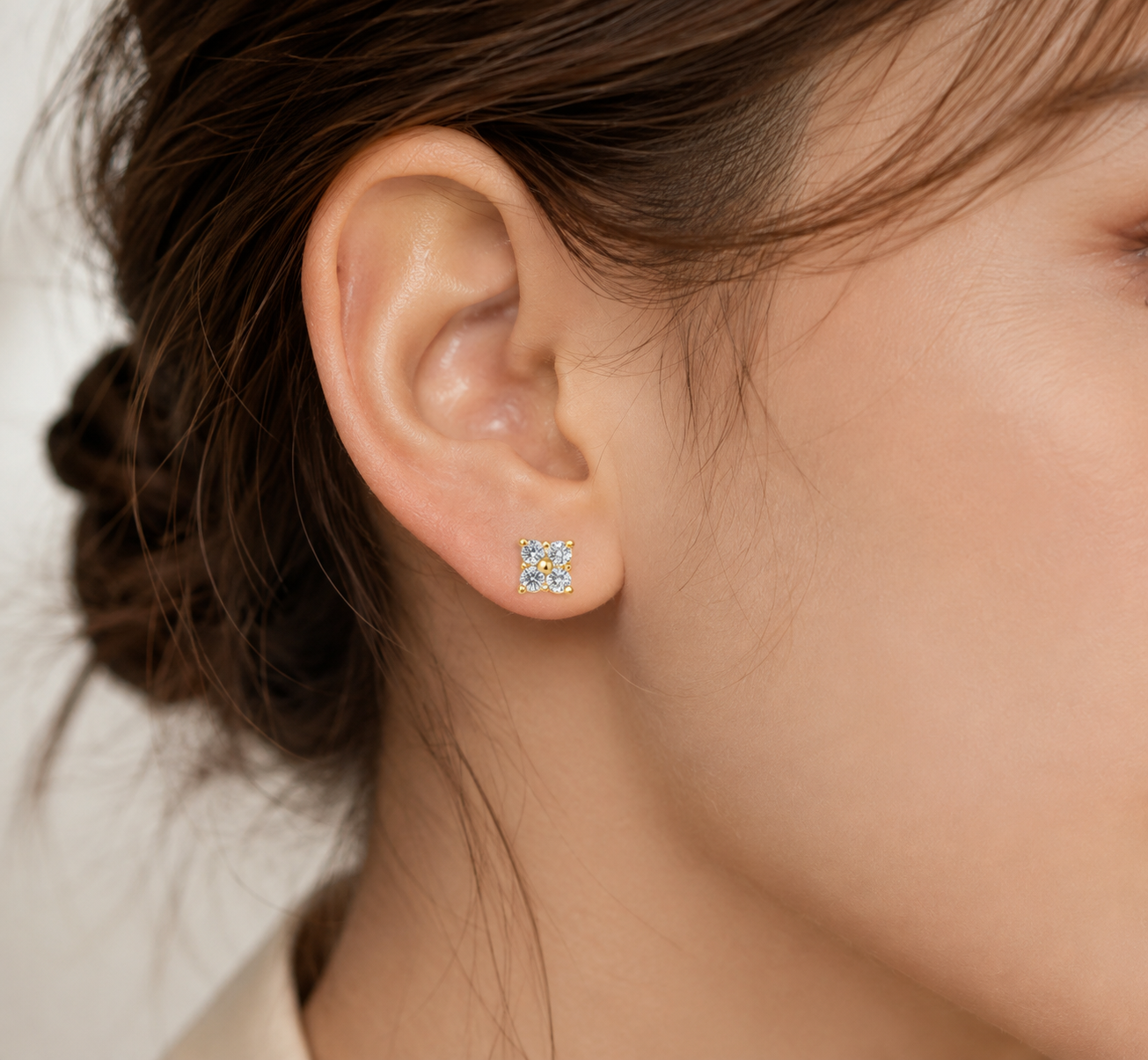 Solid Gold Moissanite Stud Earrings, 10K Gold, Round Stud or Clover Drop Style, Diamond Alternative