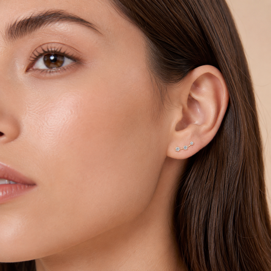 10K Gold Moissanite Ear Climber Earrings: Three-Stone Curved Studs