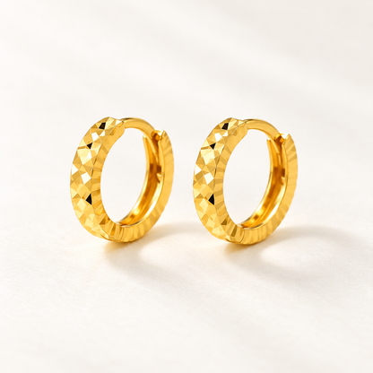 18K Solid Gold Diamond-Cut Huggie Earrings, Minimalist Faceted Hoops (AU750)