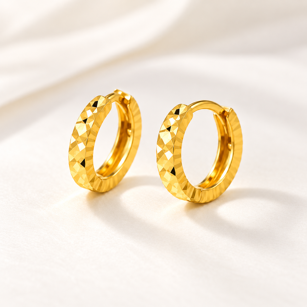 18K Solid Gold Diamond-Cut Huggie Earrings, Minimalist Faceted Hoops (AU750)