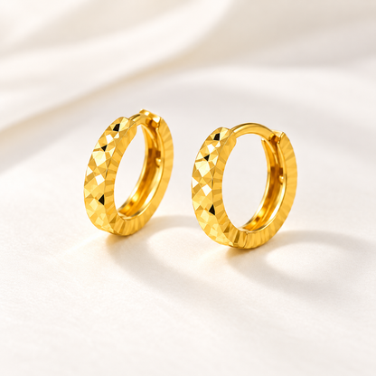 18K Solid Gold Diamond-Cut Huggie Earrings, Minimalist Faceted Hoops (AU750)