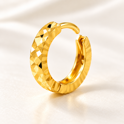 18K Solid Gold Diamond-Cut Huggie Earrings, Minimalist Faceted Hoops (AU750)