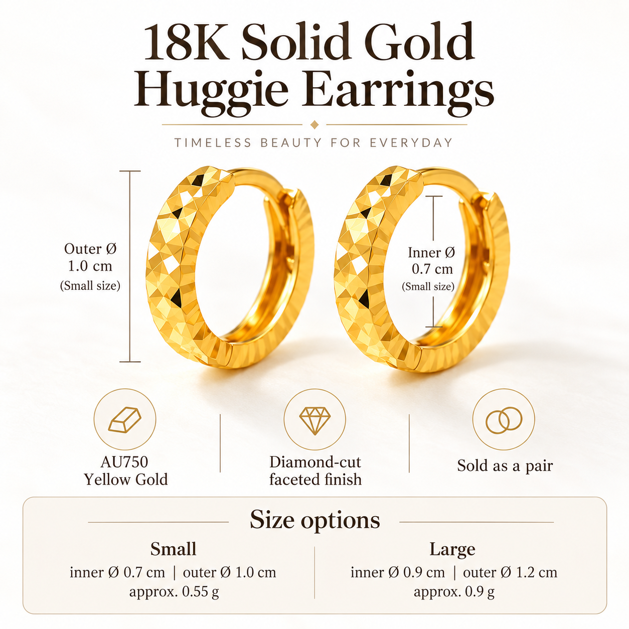 18K Solid Gold Diamond-Cut Huggie Earrings, Minimalist Faceted Hoops (AU750)