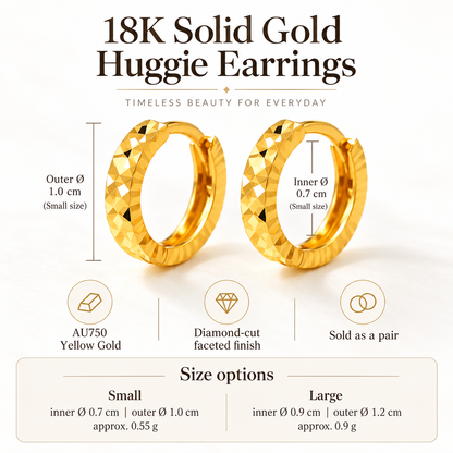 18K Solid Gold Diamond-Cut Huggie Earrings, Minimalist Faceted Hoops (AU750)
