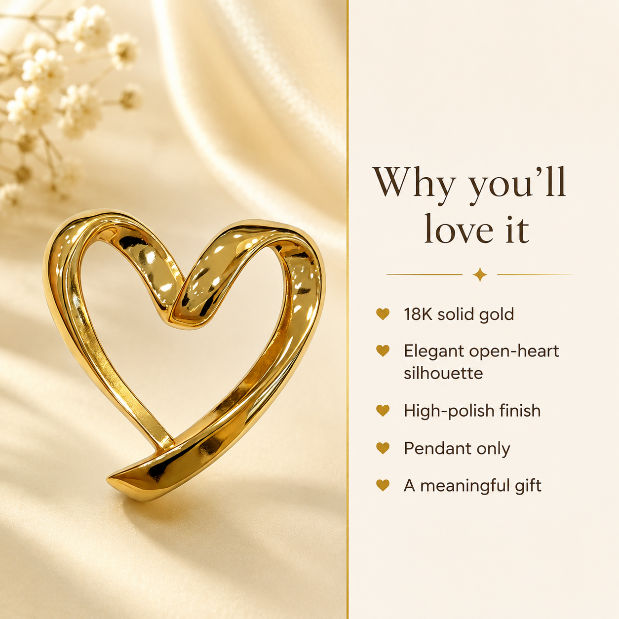 Solid 18K Gold Heart Pendant, AU750 Open Heart Charm, Hollow Heart Necklace Charm, Minimalist