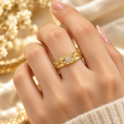 18K Solid Gold Moissanite Ring, Phoenix Feather Floral Cluster, Vintage Statement Jewelry
